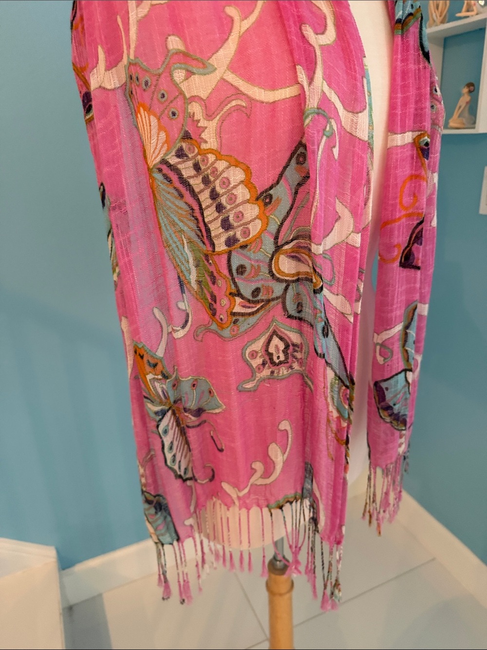 Pink Butterfly Print Fringe Scarf - Lightweight